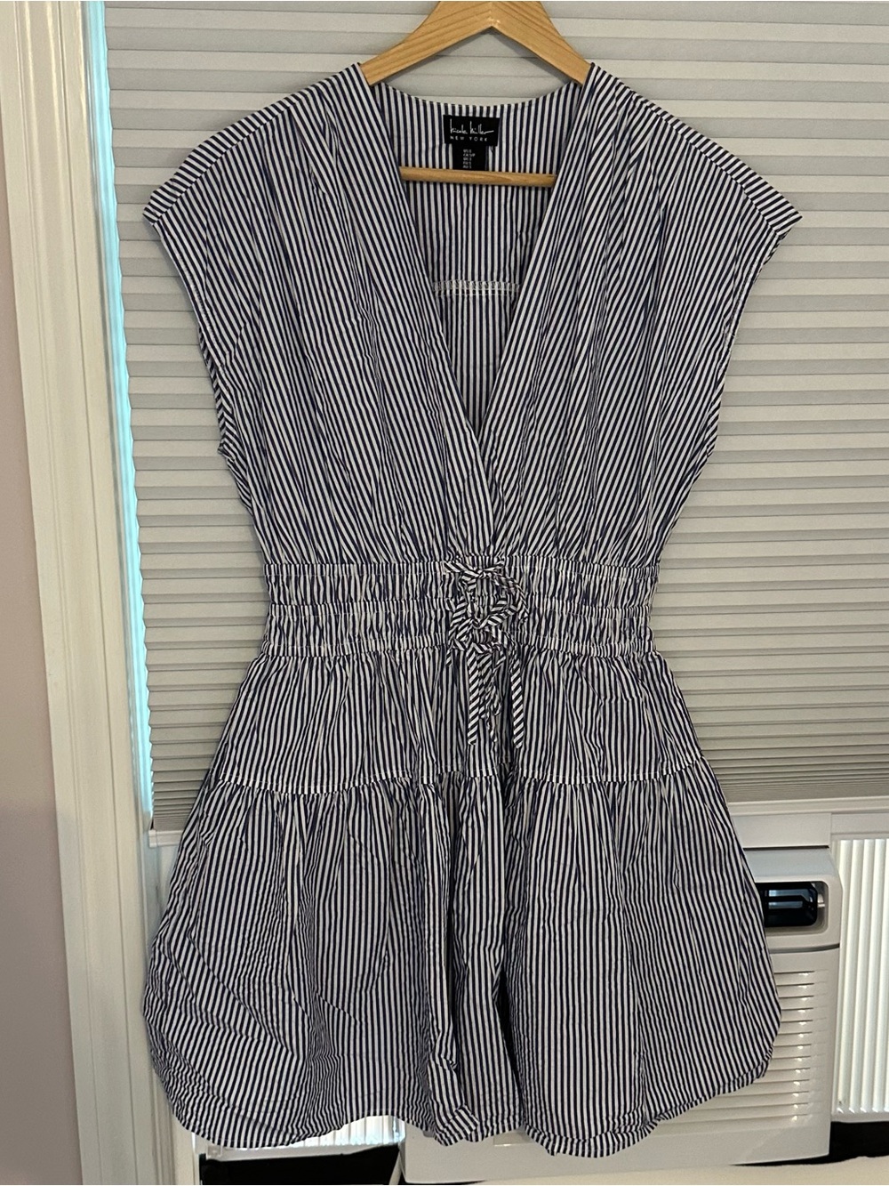 Blu & White Striped V-Neck Cinched Waist dress